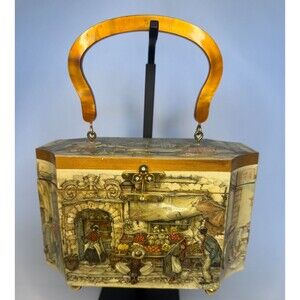 Vintage Anton Pieck Decoupage Wooden Purse Box Lucite Handle Folk Art